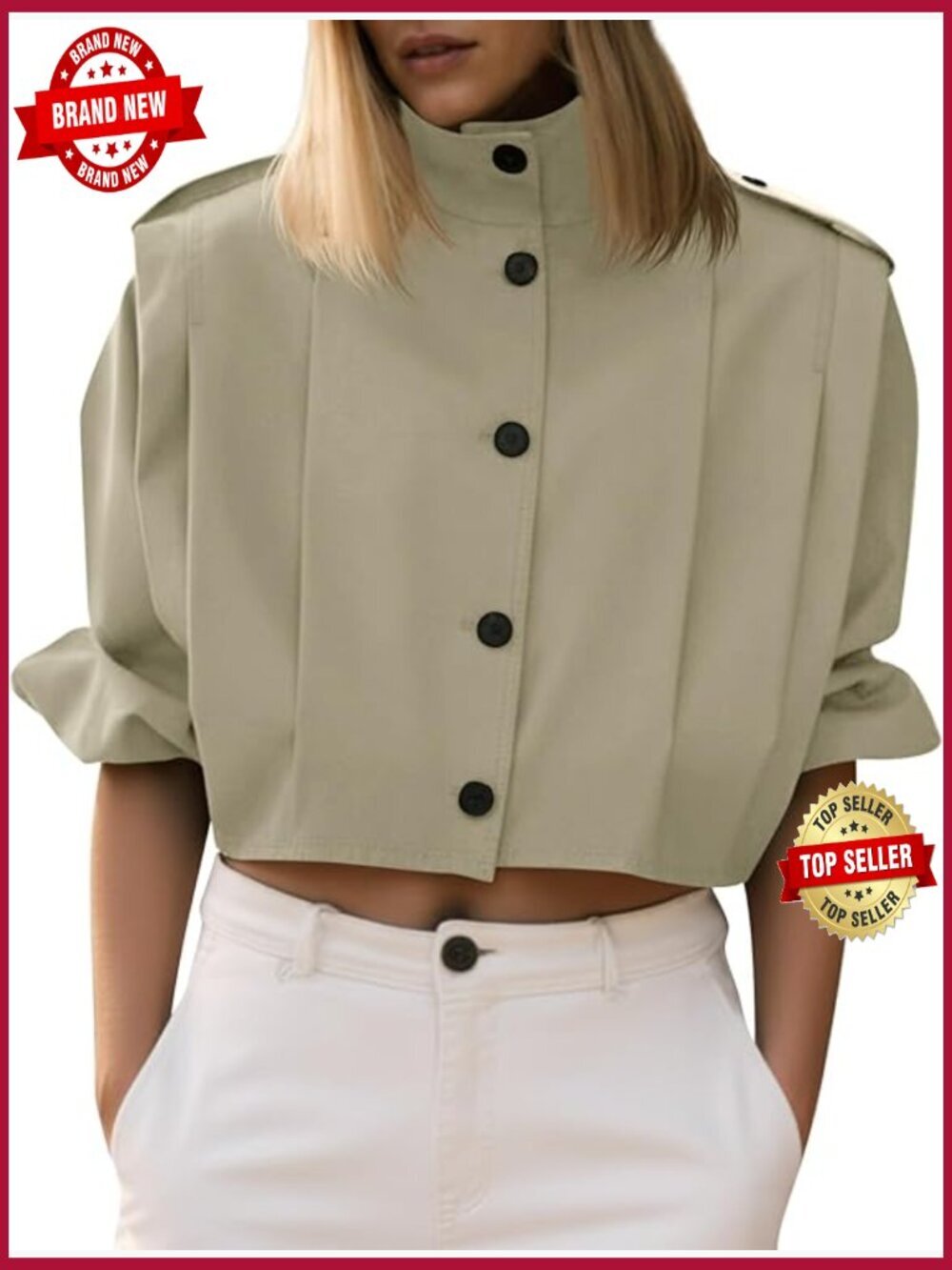 Cropped Trench Coat Pleated Button Down Short Jacket Lapel Loose Fit Outerwear